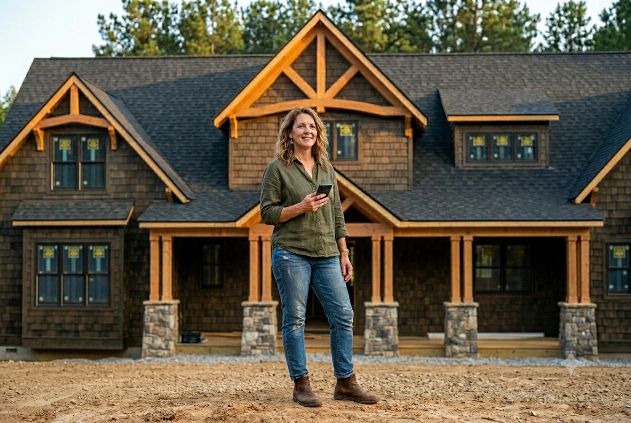A homeowner on their construction site checking their build status on a phone